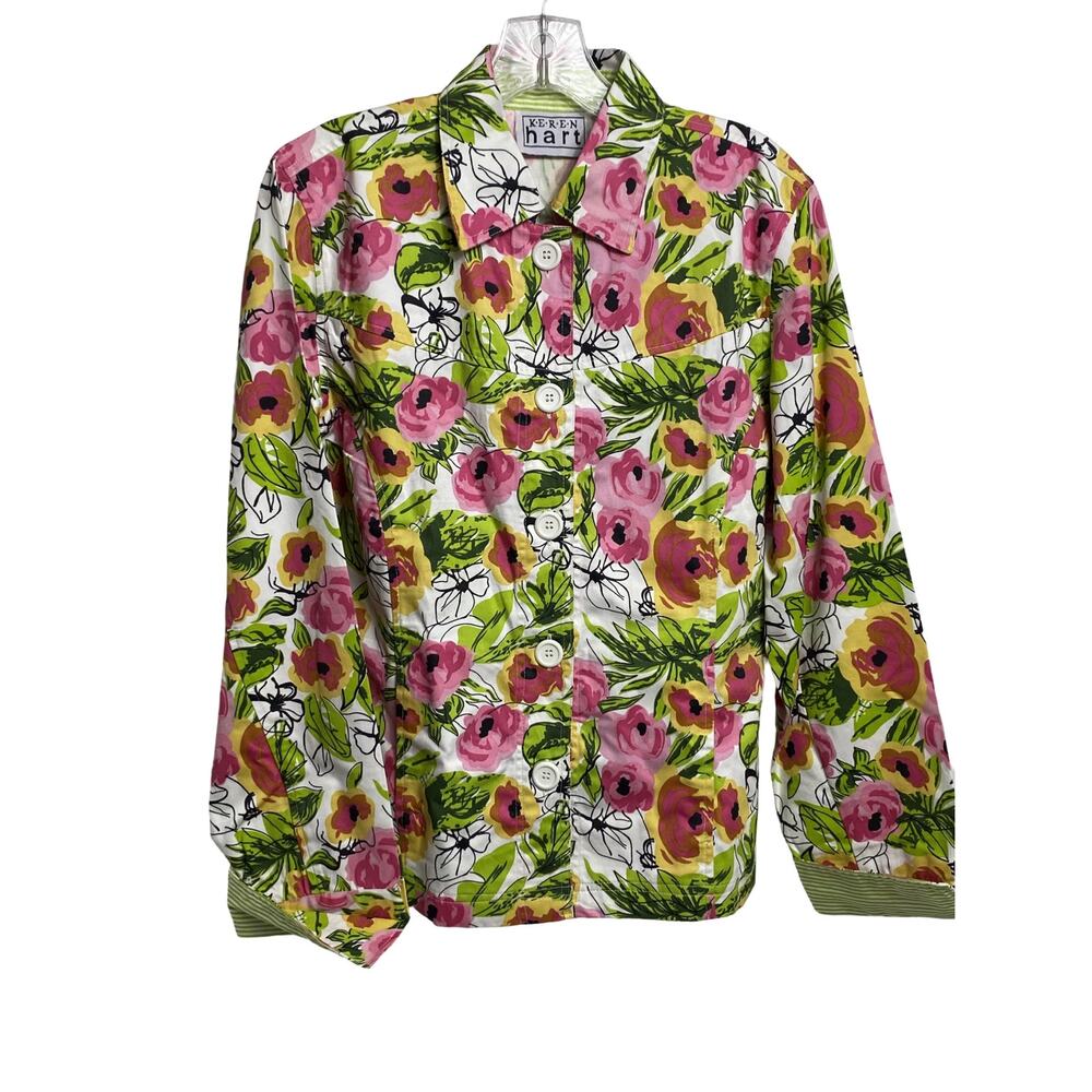 2/$15 Keren Hart Blazer Jacket Stripe Green Pink‎ Floral NWOT Size S (2395)